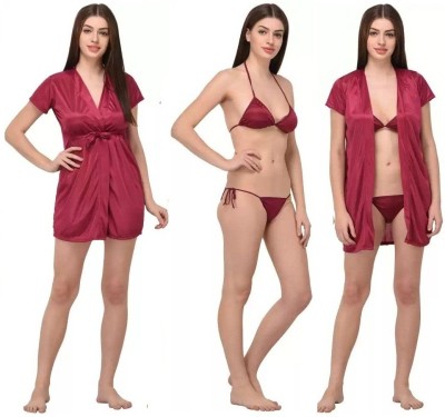 GOODNIGHT GLAM Women Nighty with Robe(Maroon)