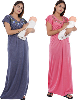 Asaaskm Women Maternity/Nursing Nighty(Dark Blue, Beige)