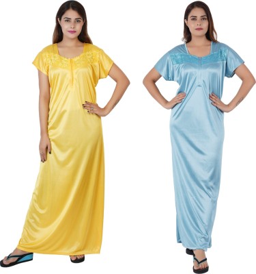 NACNO Women Nighty(Yellow, Light Blue)