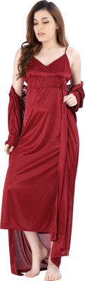 Romaisa Women Nighty with Robe(Maroon)
