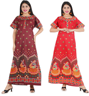 Lalit Mahesawri Women Maternity/Nursing Nighty(Maroon, Orange)