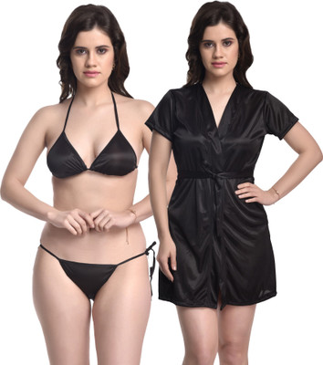 You Forever Women Robe and Lingerie Set(Black)