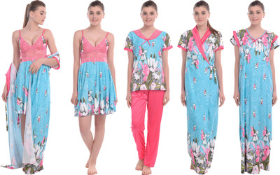 FLANKER Women Nighty with Robe(Light Blue)