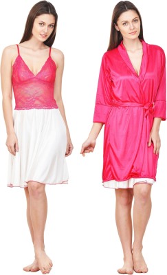 ROWENA Women Nighty with Robe(White, Pink)