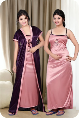 BMP Women Nighty with Robe(Purple, Pink)