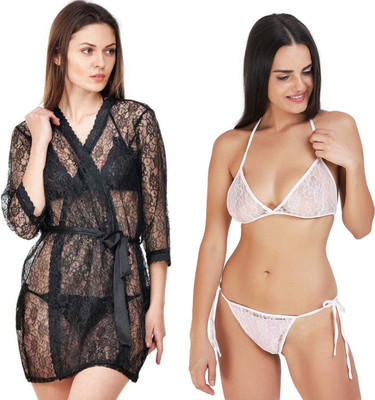 Lovie's Women Nighty Set(Black, White)