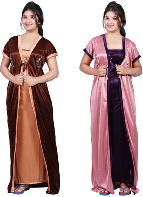 BAILEY SELLS Women Nighty with Robe(Brown, Beige)