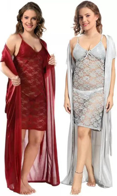 zulovia Women Nighty with Robe(Maroon)
