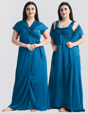 NIGHT KEYS Women Nighty with Robe(Blue)