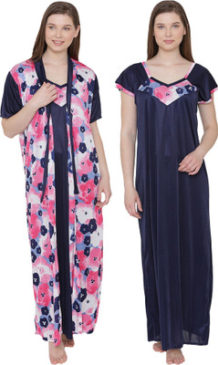 PHALIN Women Nighty with Robe(Red, Dark Blue)