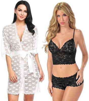 IyaraCollection Women Robe and Lingerie Set(White, Black)