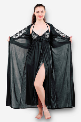 DreamBe Women Nighty with Robe(Black)