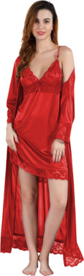 HouseOfCommon Women Nighty with Robe(Red)