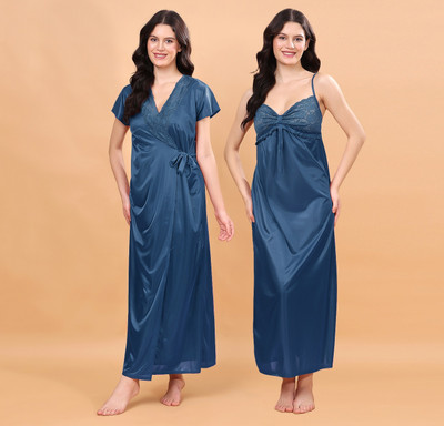 NIGHT KEYS Women Nighty with Robe(Blue)