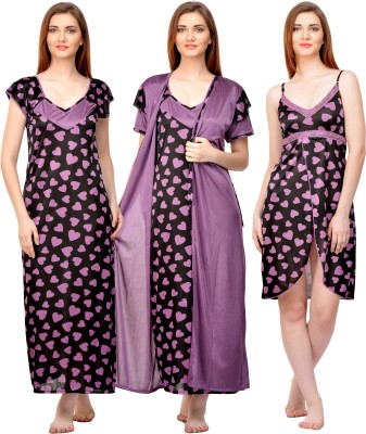 Boosah Women Nighty with Robe(Purple, Black)