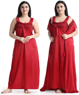 NIGHT KEYS Women Nighty with Robe(Maroon)