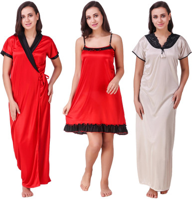 YUALIN CREATION Women Nighty with Robe(White)