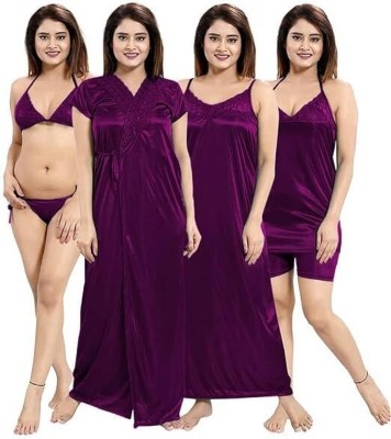 MKTRADERS Women Nighty with Robe(Purple)