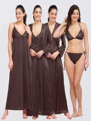 NIGHT KEYS Women Nighty with Robe(Brown)