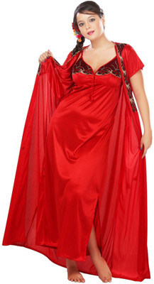 ROWENA Women Nighty with Robe(Red)