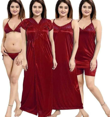 Fusion View Women Nighty with Robe(Maroon)