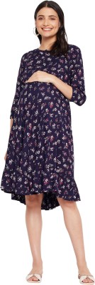 HYPERNATION Women Fit and Flare Dark Blue, Pink, White Dress