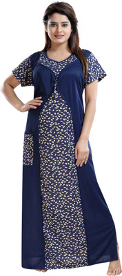 SHOPPING STATION Women Nighty(Blue, Beige)