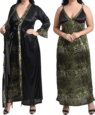 Gwachi Women Nighty with Robe(Green, Black)