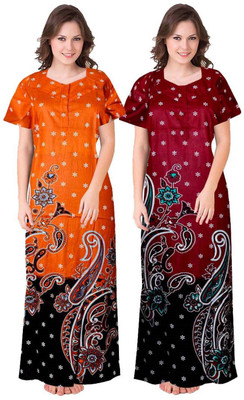 Ruishee Women Nighty Set(Maroon, Orange)
