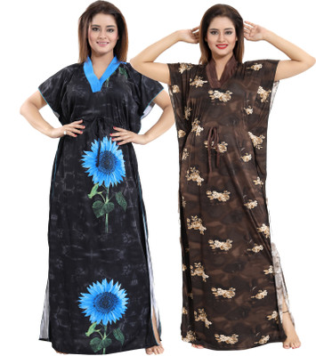 SHOPPING STATION Women Nighty with Robe(Brown, Black)