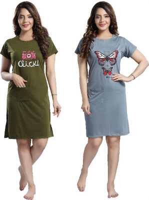 Womenoire Women Nightshirts(Dark Green, Grey)
