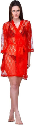 OMV Women Nighty with Robe(Red)