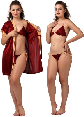 GOODNIGHT GLAM Women Robe and Lingerie Set(Maroon)