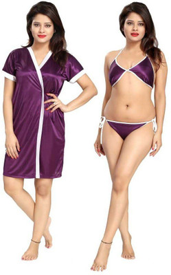 Rangmor Women Robe and Lingerie Set(Purple)