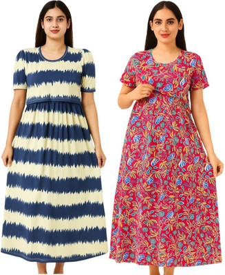sahana Women Maternity/Nursing Nighty(Dark Blue, Pink)
