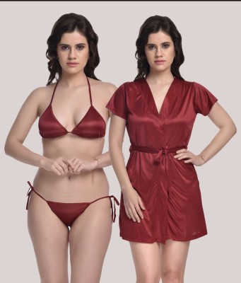 POSU TRENDZ Women Robe and Lingerie Set(Maroon)