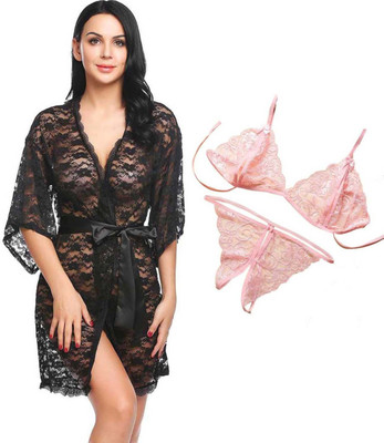 Fashion Count Women Robe and Lingerie Set(Black, Pink)
