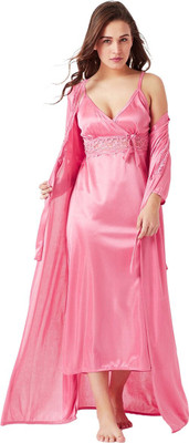 Romaisa Women Nighty with Robe(Pink)
