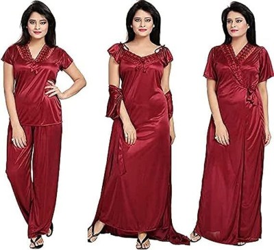 KS TRADERS Women Robe and Lingerie Set(Maroon)