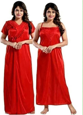 HouseOfCommon Women Nighty with Robe(Red)