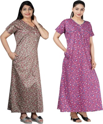 FAVNIC Women Nighty Set(Brown, Purple)