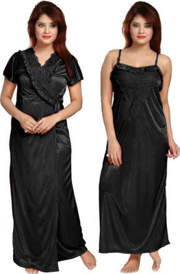 HouseOfCommon Women Nighty with Robe(Black)