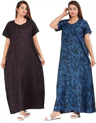 YUKATA Women Nighty(Black, Blue)