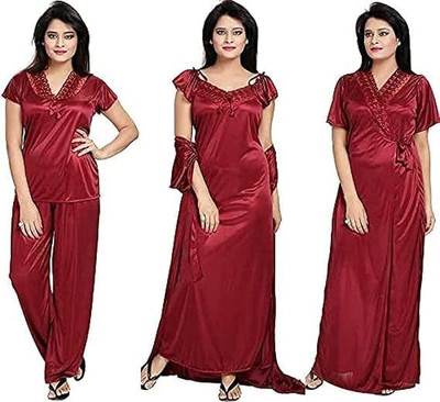 KS TRADERS Women Nighty Set(Maroon)