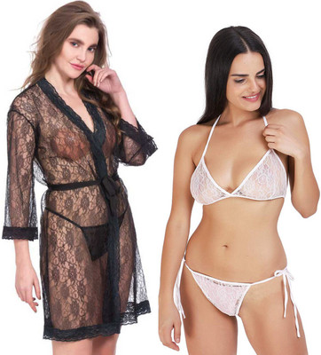 Lovie's Women Robe and Lingerie Set(Black, White)