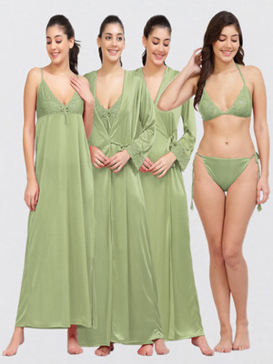 NIGHT KEYS Women Nighty with Robe(Light Green)