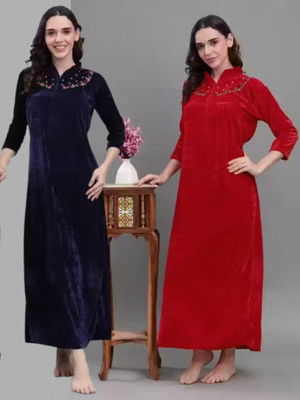 CLOTHUS Women Nighty with Robe(Red, Purple)