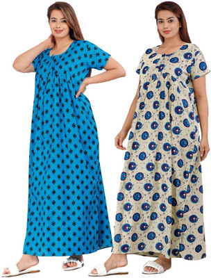 Savicreation Women Nighty Set(Blue, White)