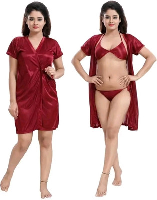 Fusion View Women Nighty with Robe(Red)