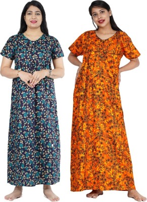 FAVNIC Women Nighty Set(Green, Orange)